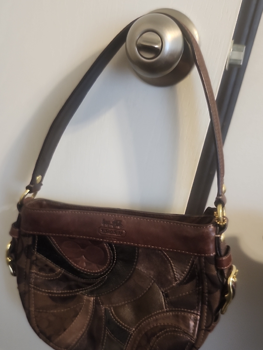Coach Brown Patchwork Leather Shoulder Bag with Gold-Tone Hardware